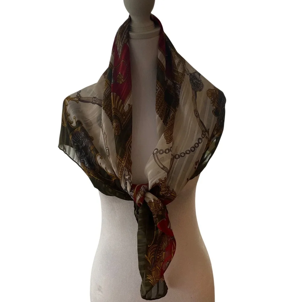 Equestrian Poste et Cavalerie Silk Poly Scarf Olive Green Red Gold‎ 34